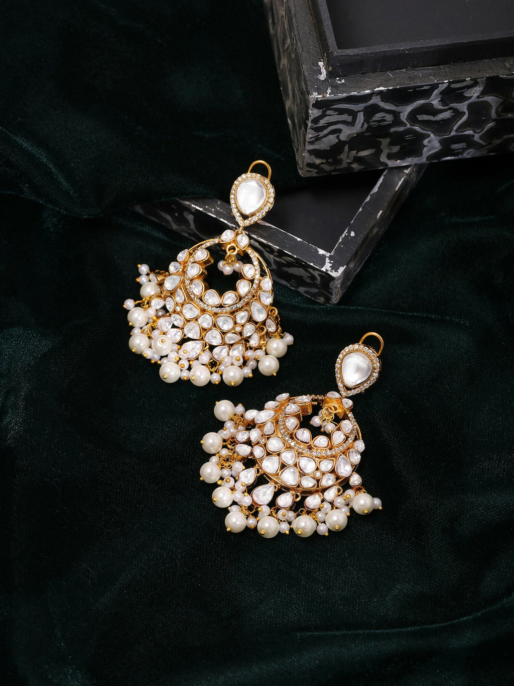 Ruby Raang Gold Polished White Chand Kundan Earrings | Grocsy