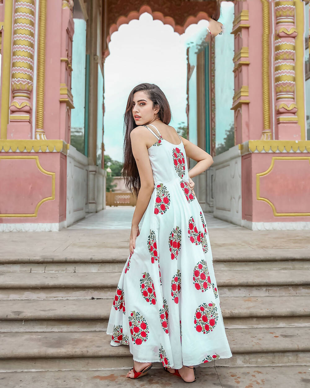 Designer Partywear Printed White Pure Maslin Gown - Anbazaar | Grocsy