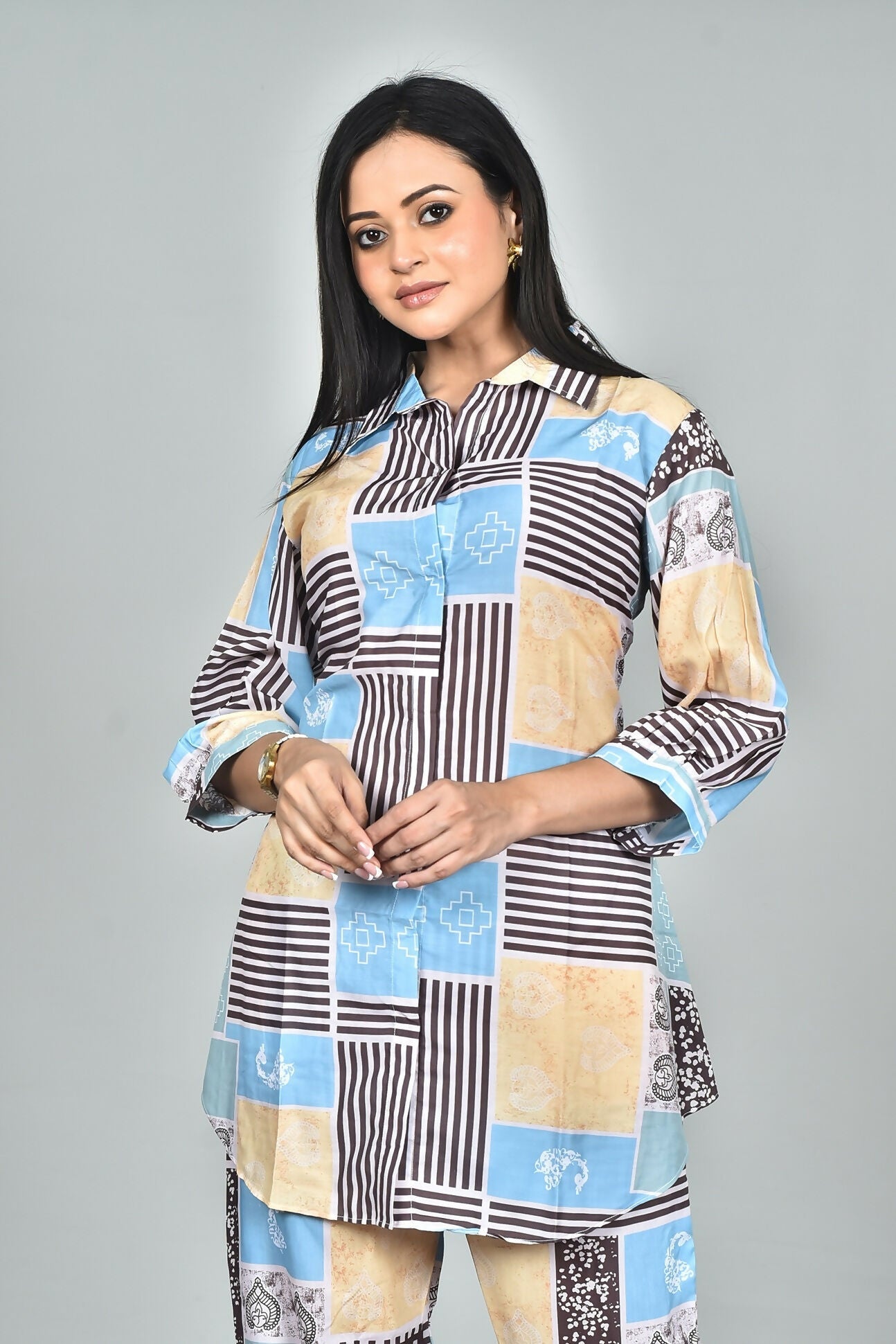 Morchari Digital Print Semi Muslin Co-Ord Set Top & Trouser-Multicolor | Grocsy