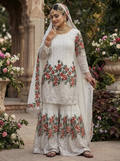 Teeya Creation White Fendy Silk Heavy Embroidery Work Party Wear Sharara Suit | Grocsy