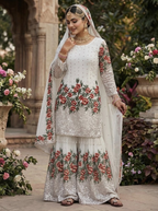 Teeya Creation White Fendy Silk Heavy Embroidery Work Party Wear Sharara Suit | Grocsy