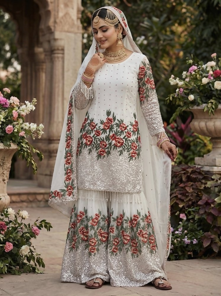 Teeya Creation White Fendy Silk Heavy Embroidery Work Party Wear Sharara Suit | Grocsy