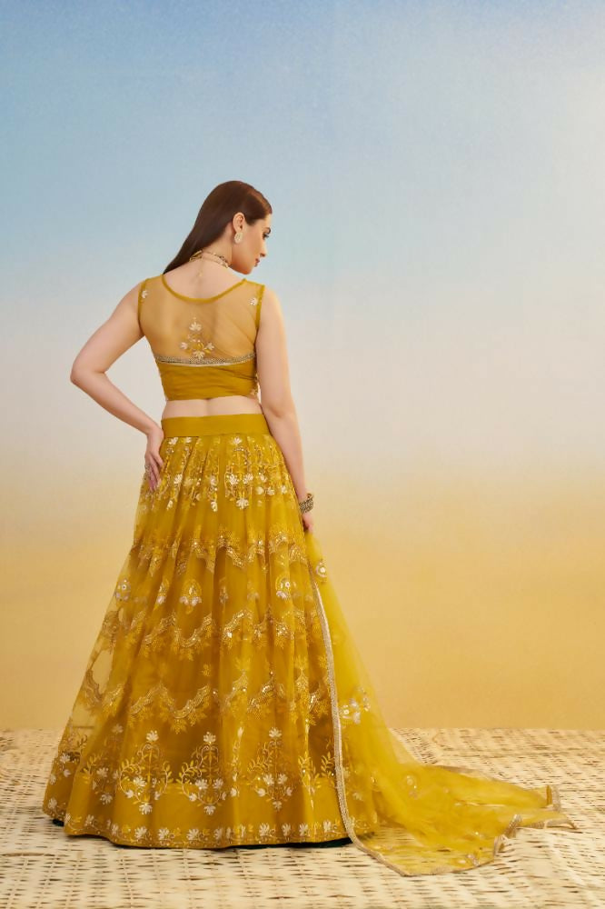 Aastha Fashion Mustard Yellow Butterfly Net Tone To Tone Cotton Thread Work And Sequence Work Embroidery Wedding Wear Lehenga Choli | Grocsy