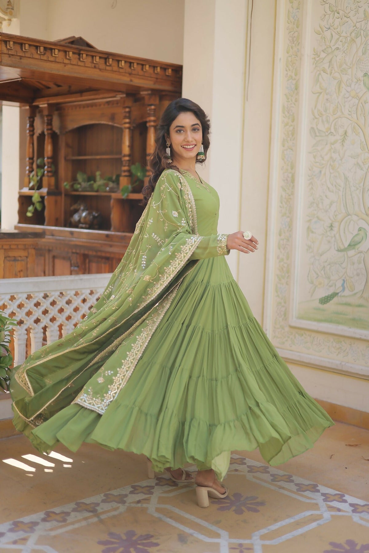 Joban Fashion Green Georgette Sequence Embroidery Work Kurta Set | Grocsy