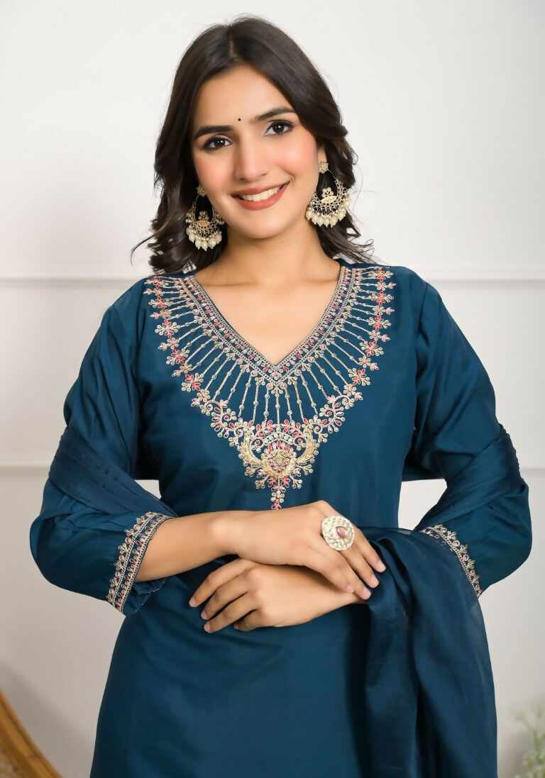 Festive Wear Ethnic Rama Viscose Chanderi Stitched Suit With Dupatta - Tanisha | Grocsy