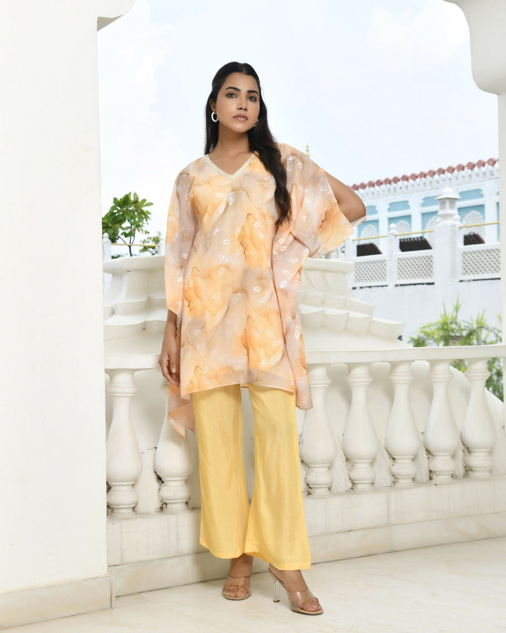 Vaasva Women's Lemon Georgette Marble Print Kaftan Pant Set | Grocsy