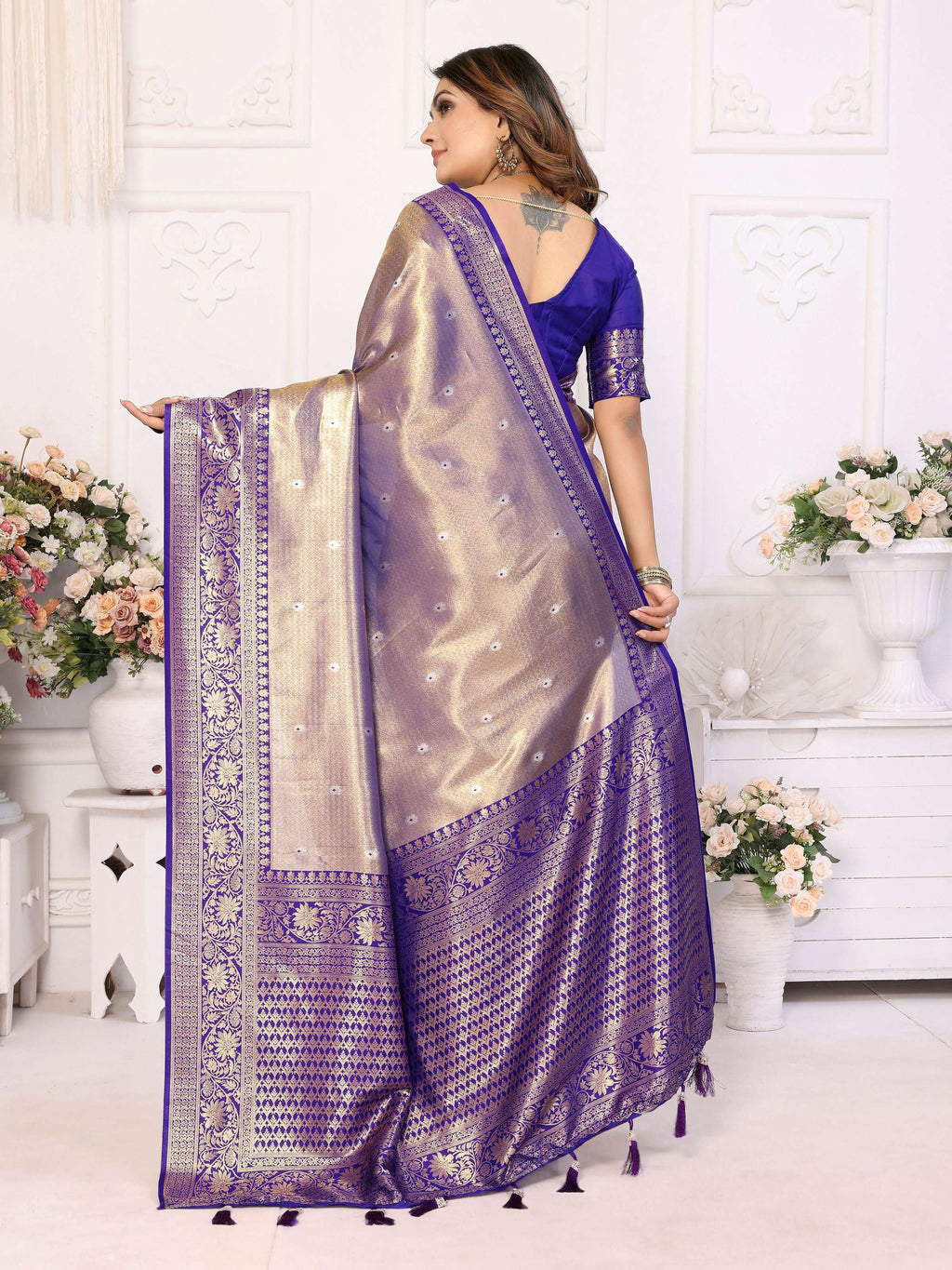 Aastha Fashion Royal Blue Tissue Silk Weaving Saree | Grocsy