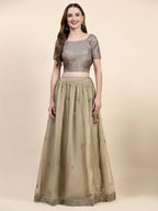 Green Silk Embroidered Poncho Pattern Top & Lehenga with Dupatta - Tanya | Grocsy