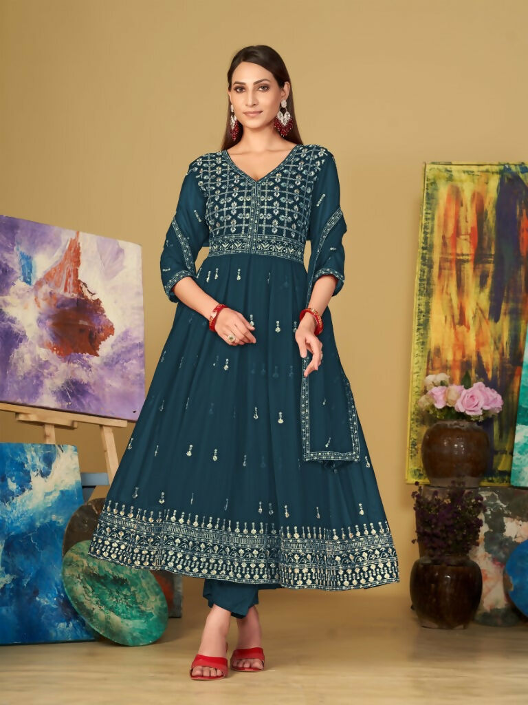 Jyoti Fashion Women's Rama Georgette Embroidered Anarkali Kurta Pant Set With Dupatta | Grocsy