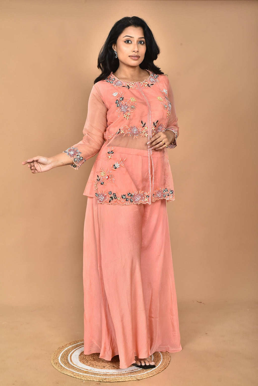 Morchari Women And Hand Embroidery Palazzo Set-Peach | Grocsy