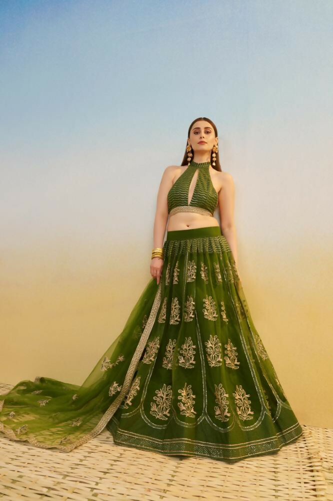 Aastha Fashion Mehandi Green Butterfly Net Tone To Tone Cotton Thread Work And Sequence Work Embroidery Wedding Wear Lehenga Choli | Grocsy