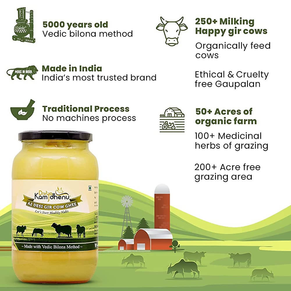 Divya Kamdhenu A2 Pure Desi Gir Cow Ghee | Cultured Ghee - Traditional Bilona Method | Pure A2 Ghee | Indian Organic A2 Cow Ghee | Grocsy