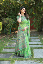 Vastranavya Luxury and Beautiful Soft, Smooth, Flowing Original Pashmina Soft Cotton Saree with Matching Blouse Fabric - Pista | Grocsy