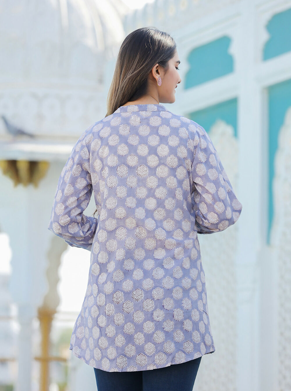Kaajh Women's Grey Hand Block Printed Cotton Top | Grocsy