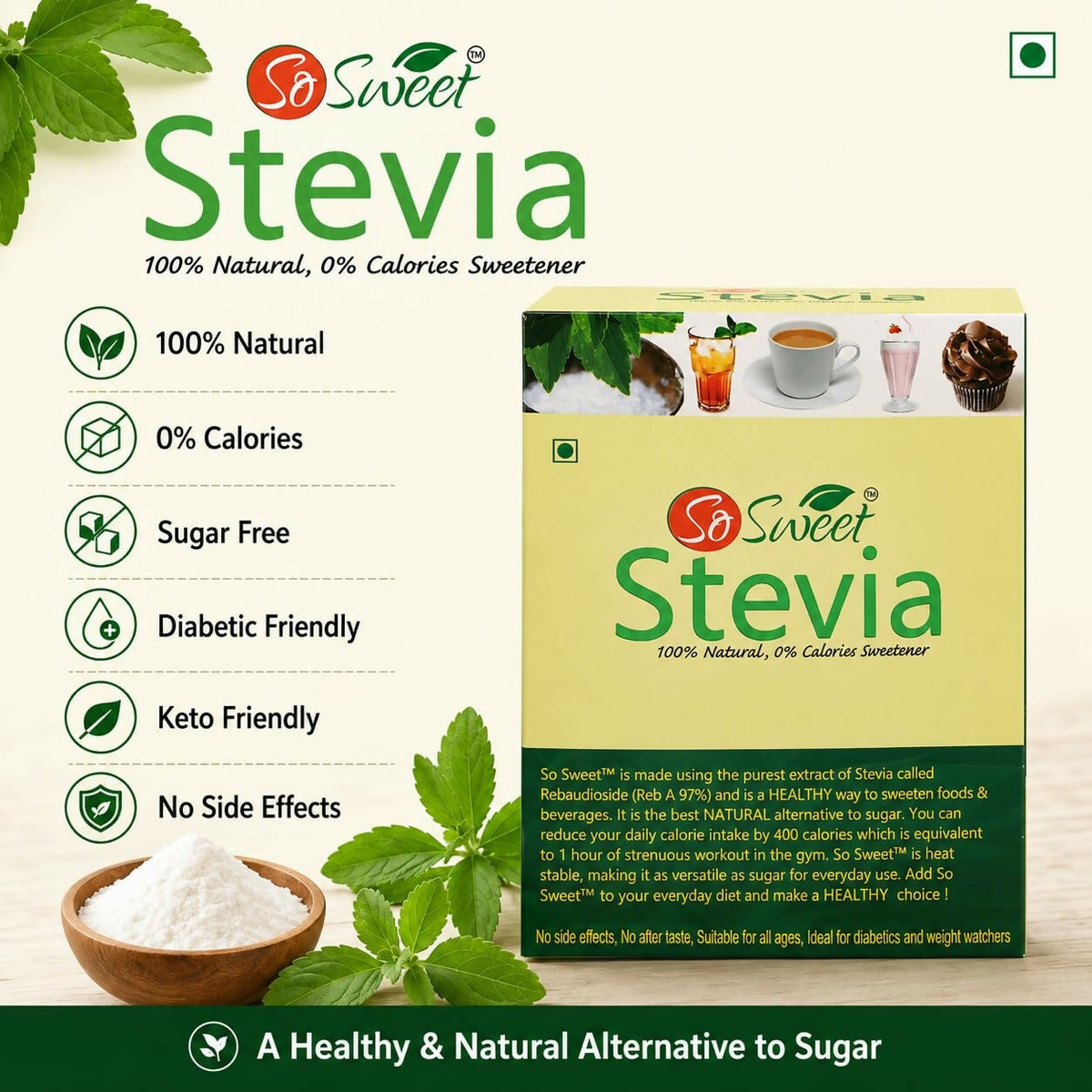 So Sweet Stevia Sachets -50 Sugar Free Natural Sweetener | Grocsy