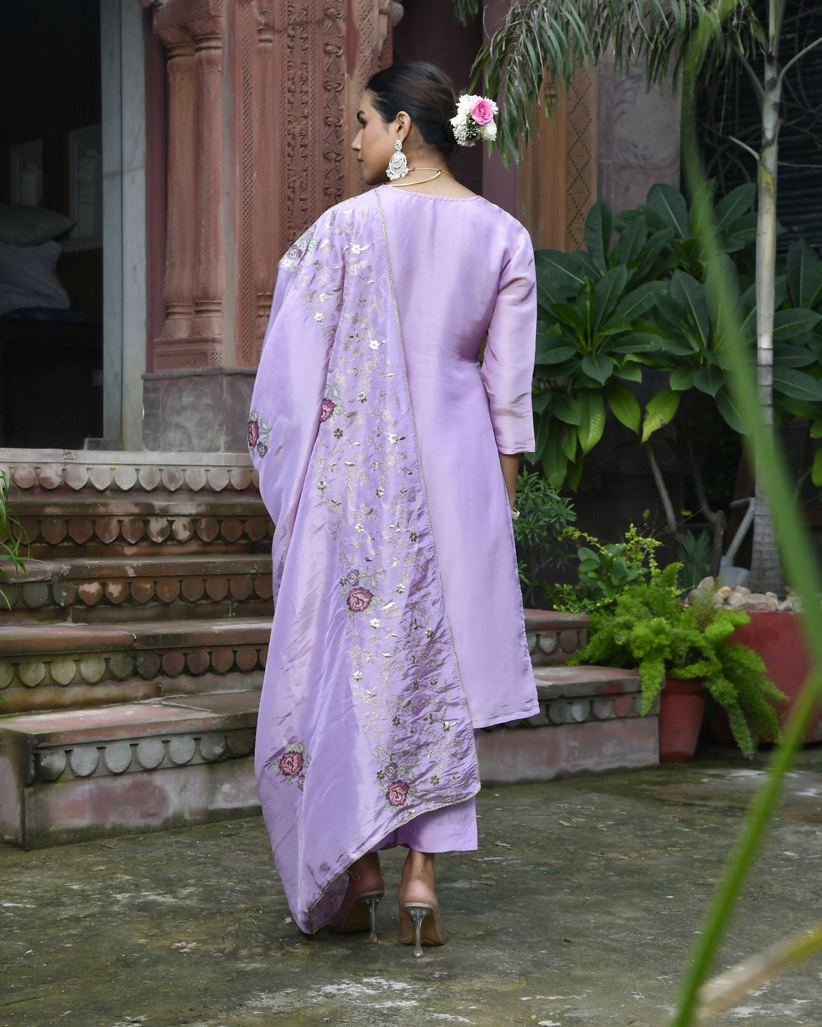 Vaasva Women's Tissue Silk Emboidered Suit Set With Solid Pant & Solid Embroidered Dupatta | Grocsy
