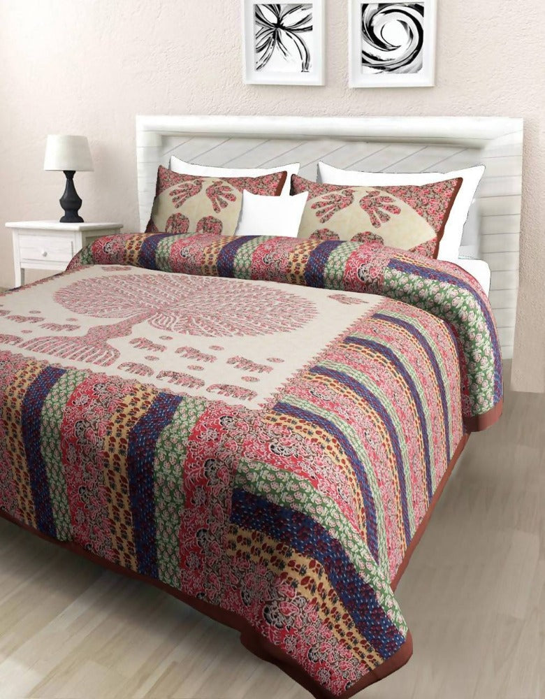 Vamika Printed Cotton Tree Stripe Brown Bedsheet With Pillow Covers (PM Treestripe Brown) | Grocsy