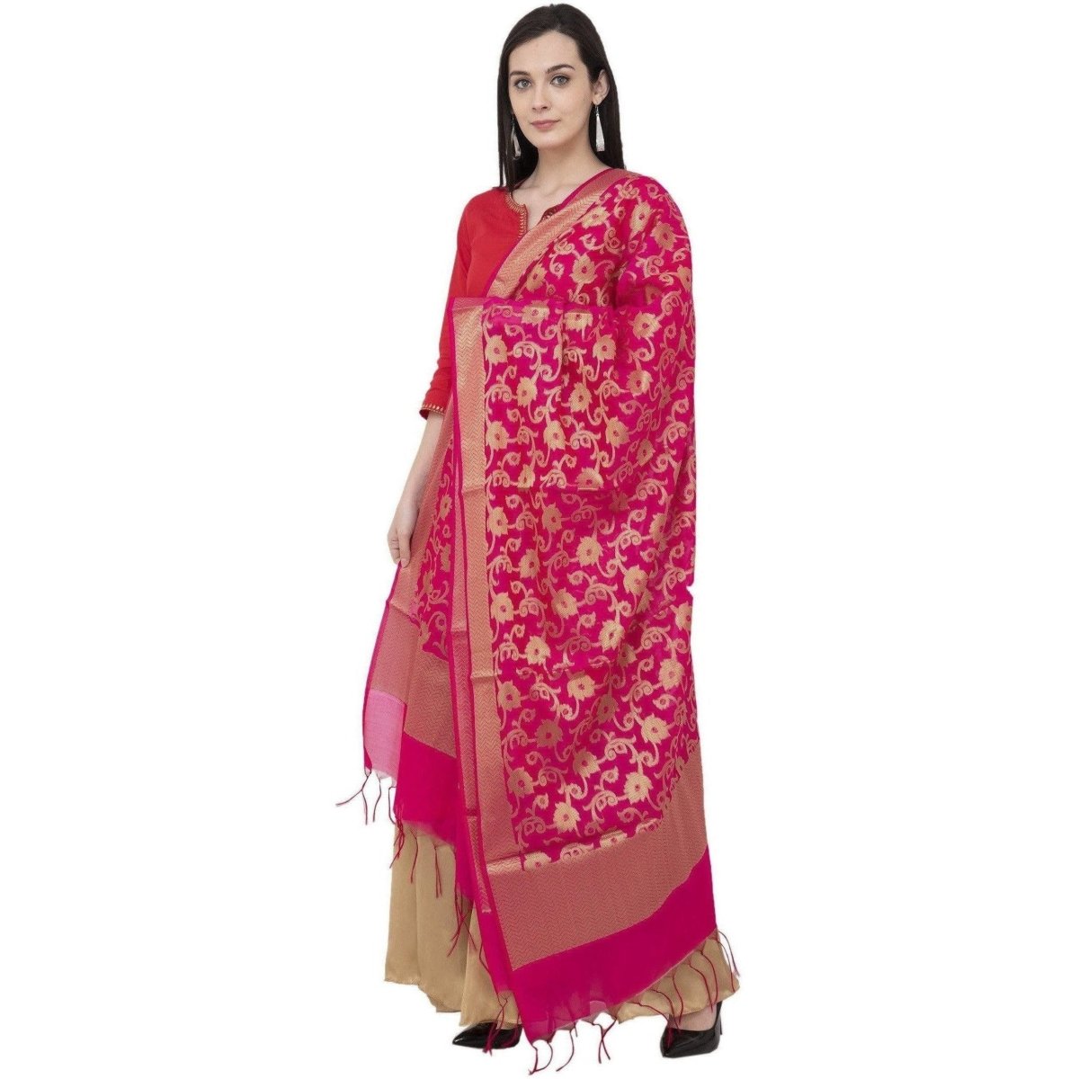 A R Silk VNS Jaal Fancy Dupatta Color Rani Dupatta or Chunni | Grocsy