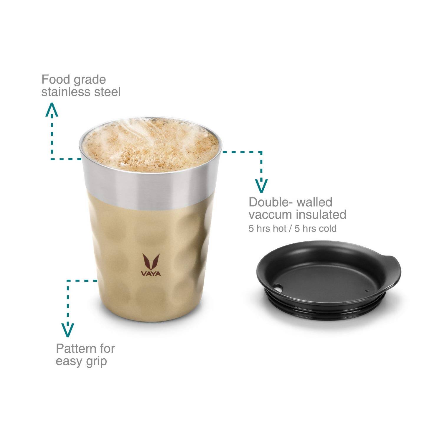 Vaya Popcup Insulated Coffee Mug Tumbler With Lid - 250 ml (Gold) | Grocsy