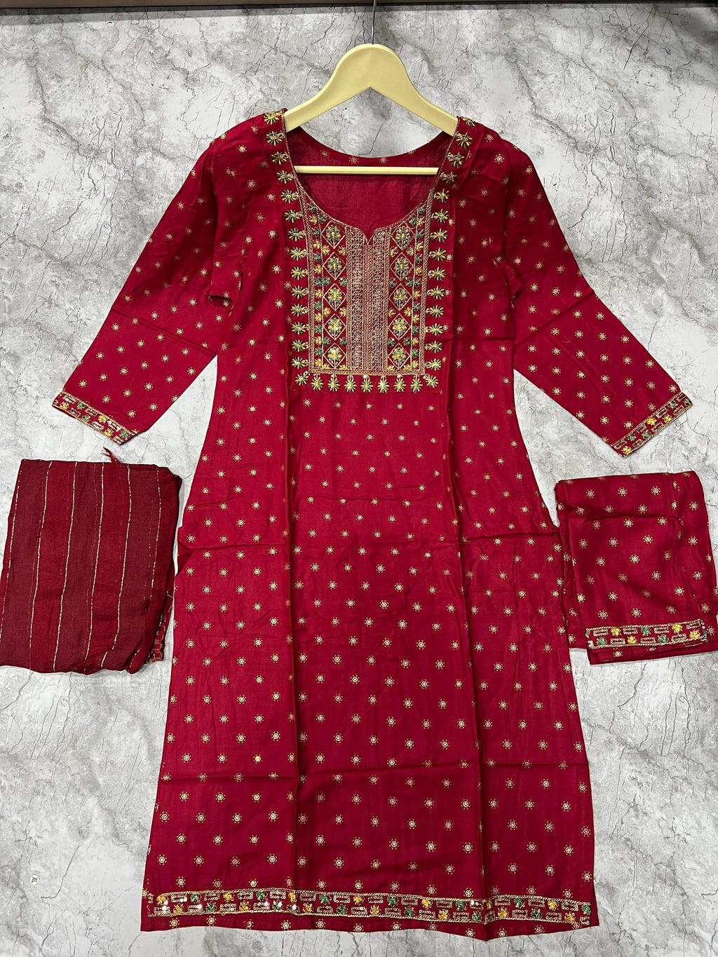 Jyoti Fashion Women's Maroon 14KG Rayon Foil Print with Embroidery Kurta Set | Grocsy