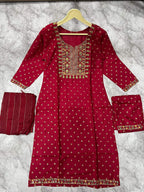 Jyoti Fashion Women's Maroon 14KG Rayon Foil Print with Embroidery Kurta Set | Grocsy