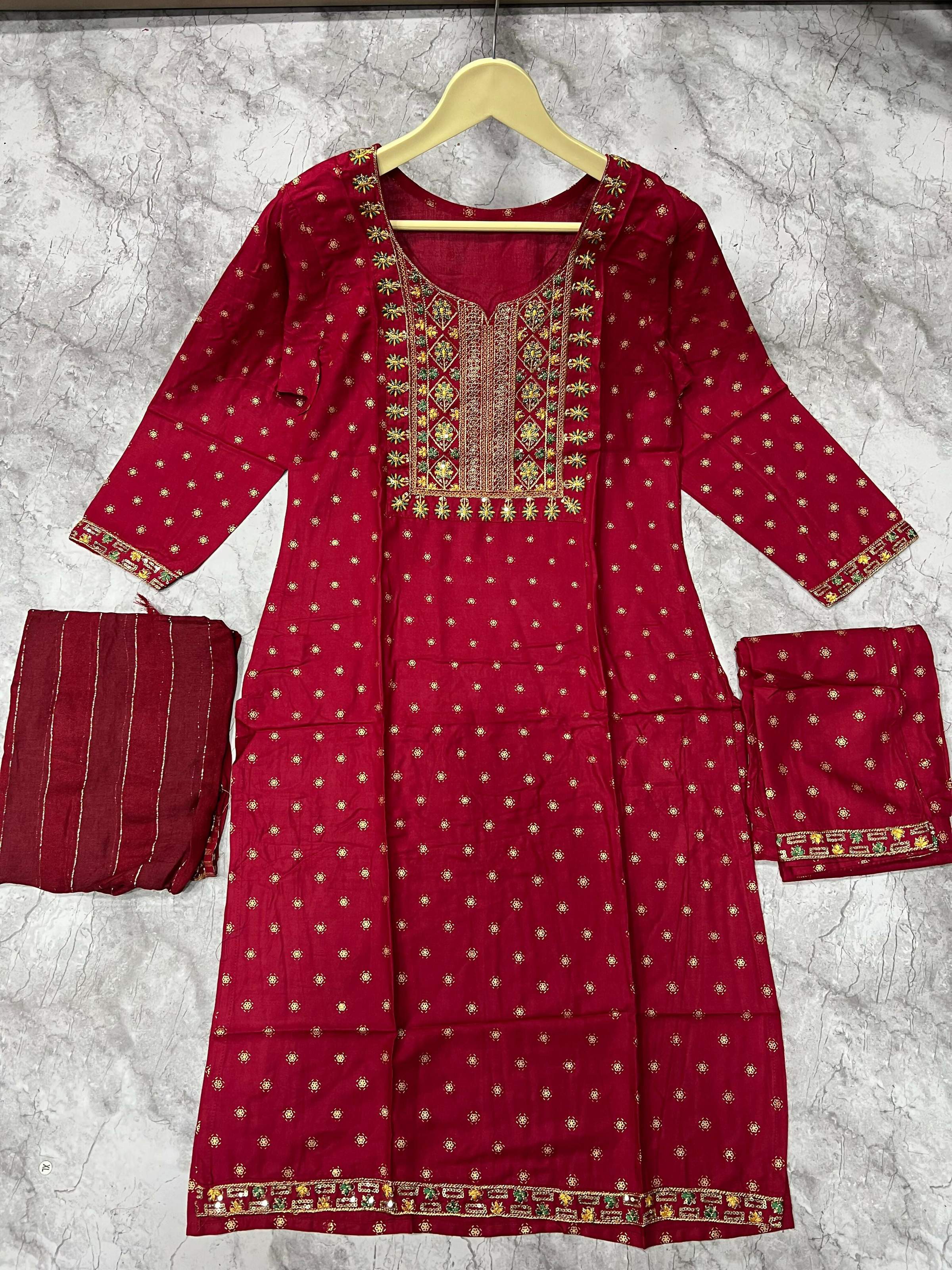 Jyoti Fashion Women's Maroon 14KG Rayon Foil Print with Embroidery Kurta Set | Grocsy