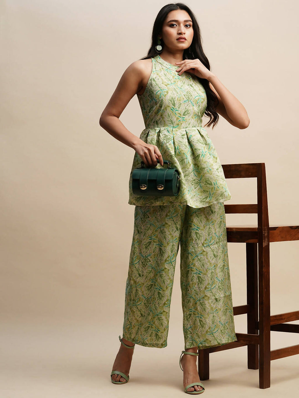Green Poly Rayon Floral Printed Top with Matching Trouser - Shivani | Grocsy