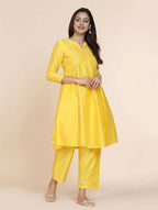 Cheera Women's Yellow Silk Blend With Gota Work Frock Dress With Silk Straight Pant Set | Grocsy