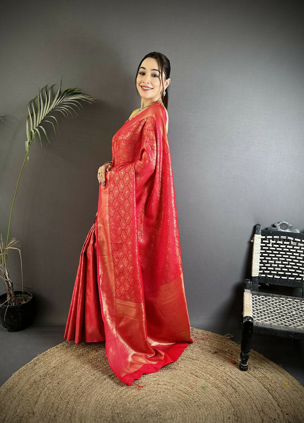 Joban Fashion Red Paisley & Floral Soft Satin Silk Banarasi Silk Saree | Grocsy
