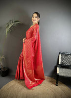 Joban Fashion Red Paisley & Floral Soft Satin Silk Banarasi Silk Saree | Grocsy