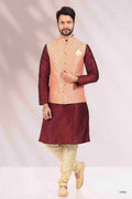 Raivat Ethnic Jacquard Banarasi Silk Woven Work 3 Pics Jacket Set In Peach Colour | Grocsy