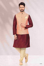 Raivat Ethnic Jacquard Banarasi Silk Woven Work 3 Pics Jacket Set In Peach Colour | Grocsy