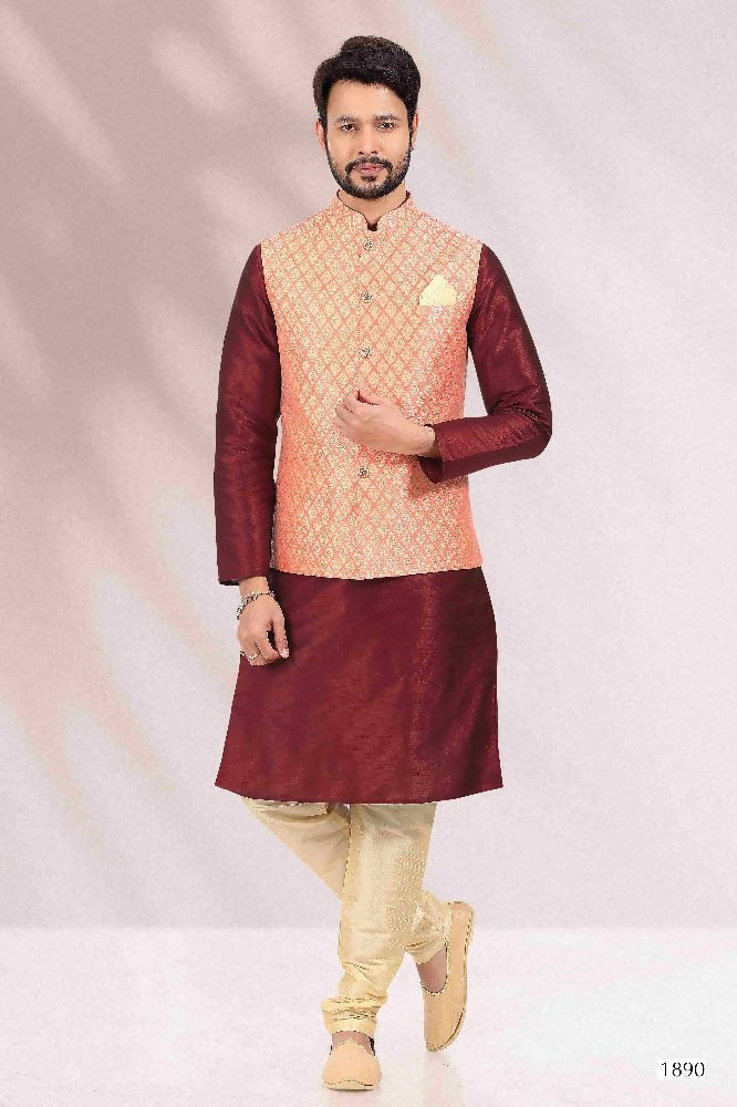 Raivat Ethnic Jacquard Banarasi Silk Woven Work 3 Pics Jacket Set In Peach Colour | Grocsy