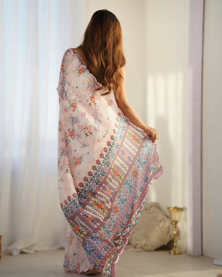 Cream Chinon Designer Digital Printed & Mirror Cut Work Saree - Kriti | Grocsy