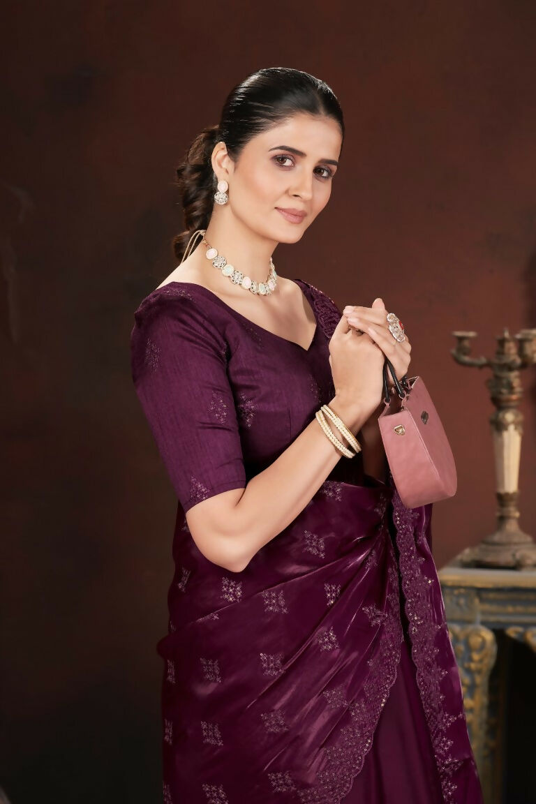 Vastranavya Wine Jimmy Choo Silk 3mm Sequence work with Cross Stitch Embroidery work & Cutwork Border Saree | Grocsy