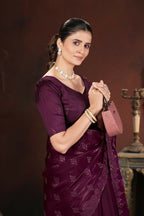 Vastranavya Wine Jimmy Choo Silk 3mm Sequence work with Cross Stitch Embroidery work & Cutwork Border Saree | Grocsy