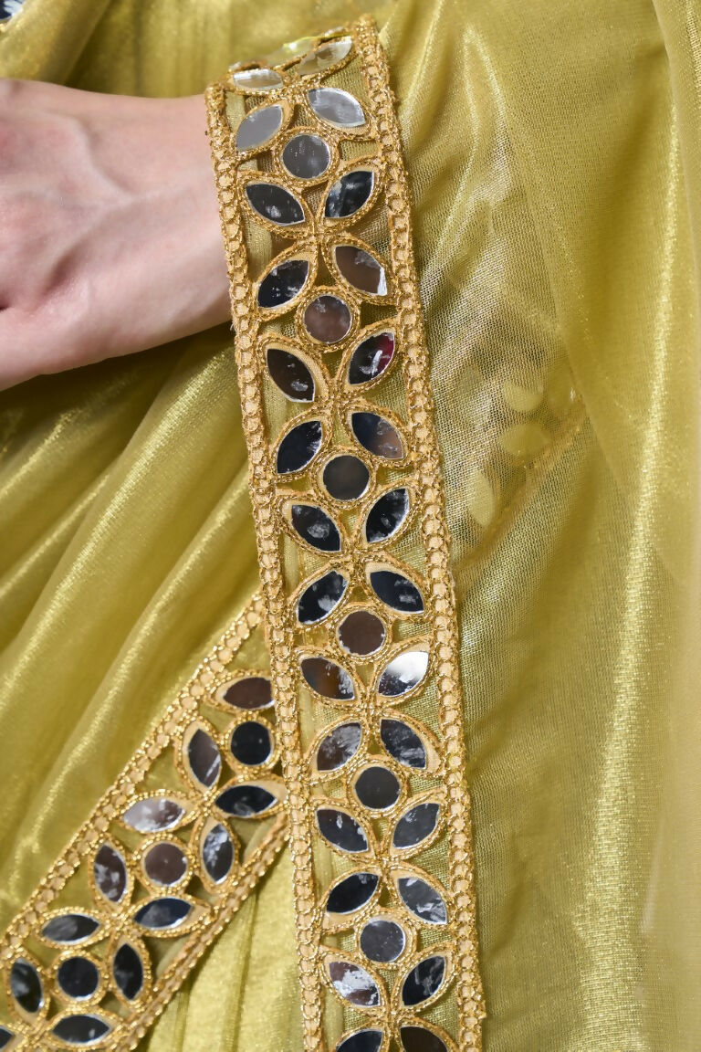Green Gold Tissue Net Solid & Gold Cotted Saree - Samaa | Grocsy