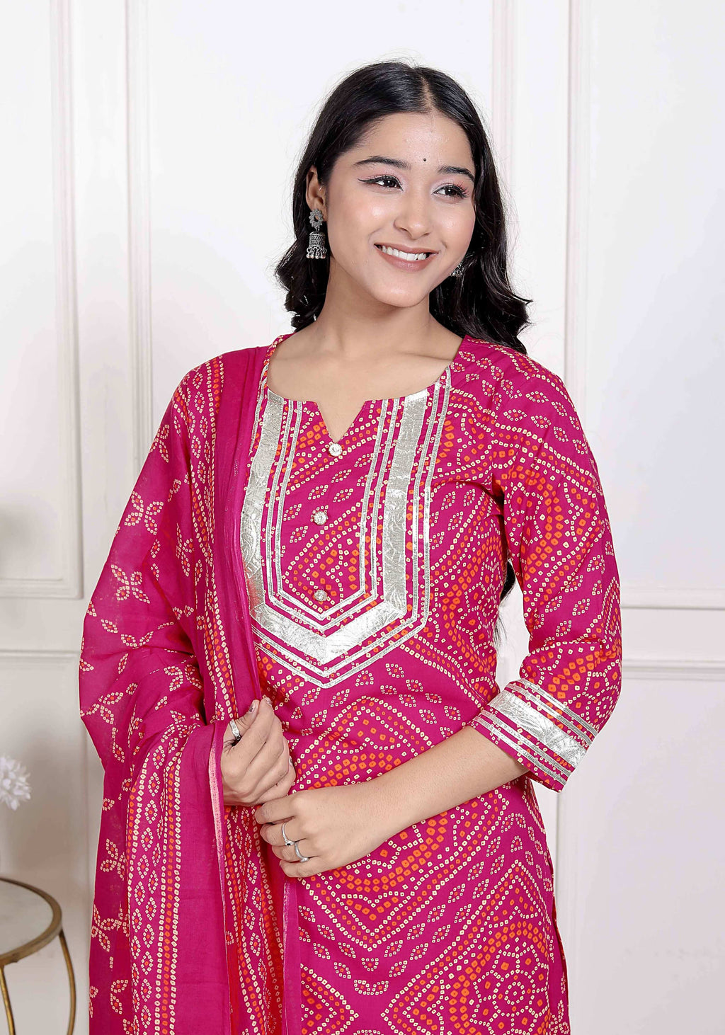 Miravan Women's Pink Bandhani Printed Straight Kurta with Palazzo & Dupatta | Grocsy