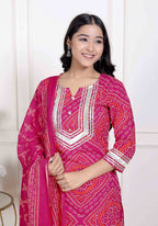 Miravan Women's Pink Bandhani Printed Straight Kurta with Palazzo & Dupatta | Grocsy
