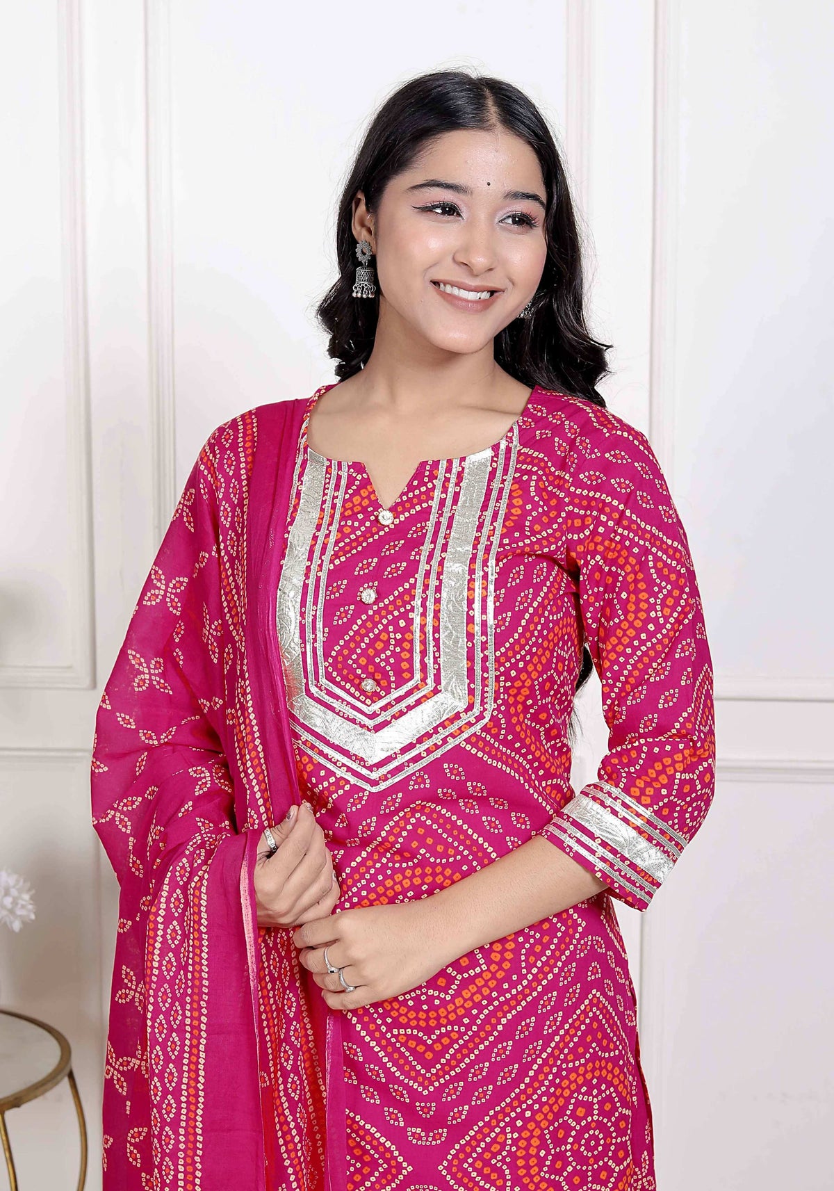 Miravan Women's Pink Bandhani Printed Straight Kurta with Palazzo & Dupatta | Grocsy