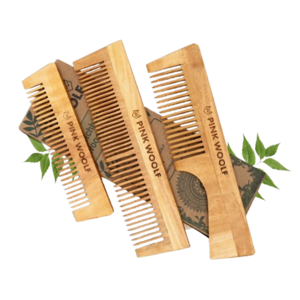 Pink Woolf Neem Wooden Comb Set for Men & Women | Grocsy