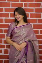Prime Volt Bridal Kanchipuram Silk Saree with Rich Zari Weaving & Contrast Border-Purple | Grocsy