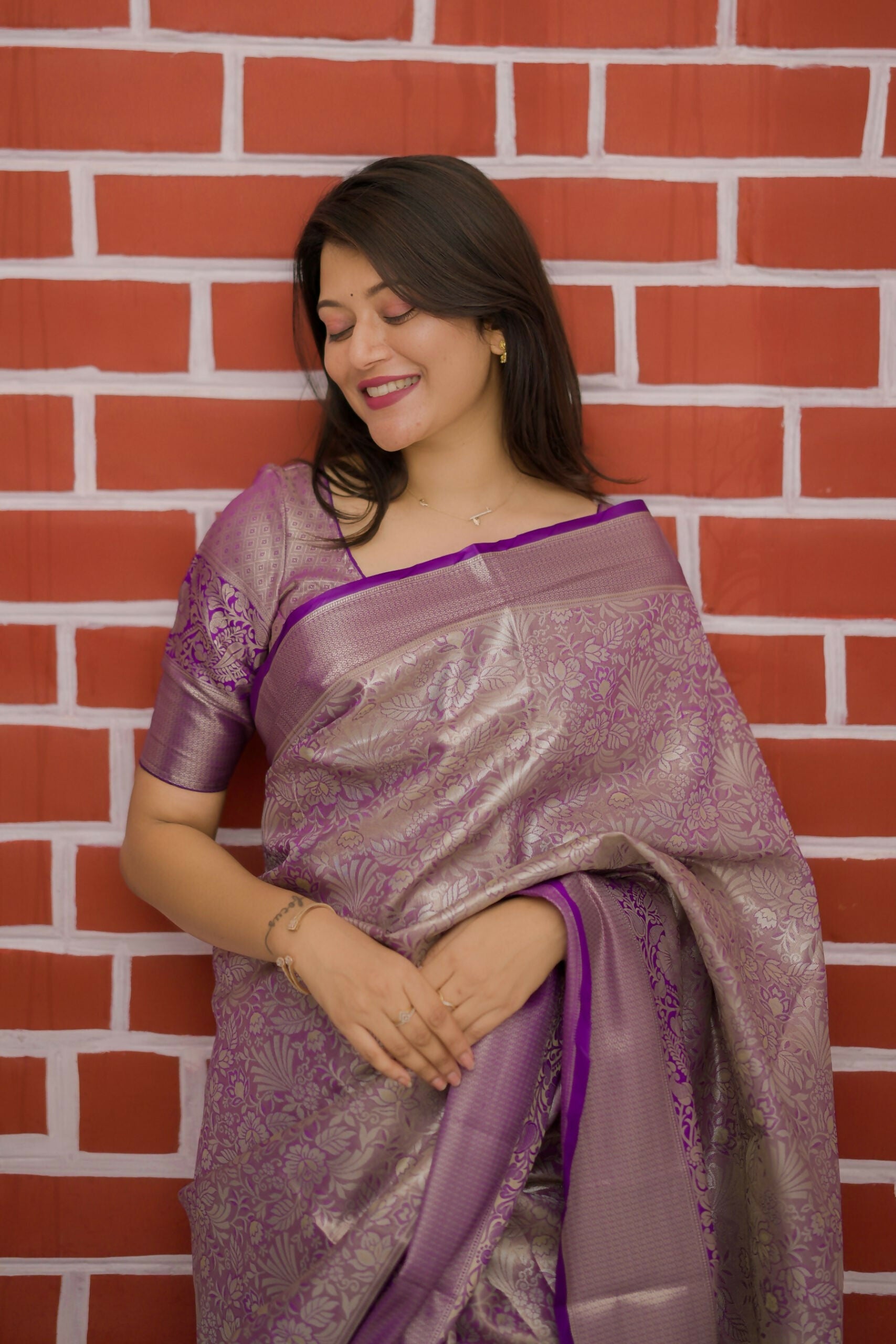 Prime Volt Bridal Kanchipuram Silk Saree with Rich Zari Weaving & Contrast Border-Purple | Grocsy