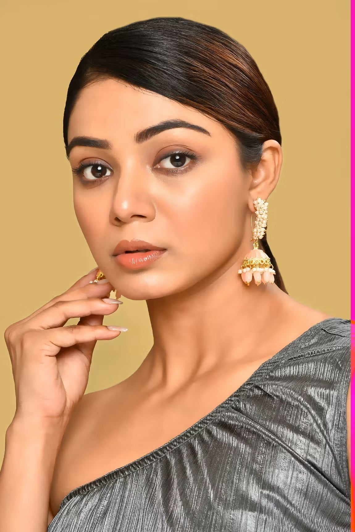 Joban Fashion Women Kundan Pearl Golden Peach Earrings | Grocsy