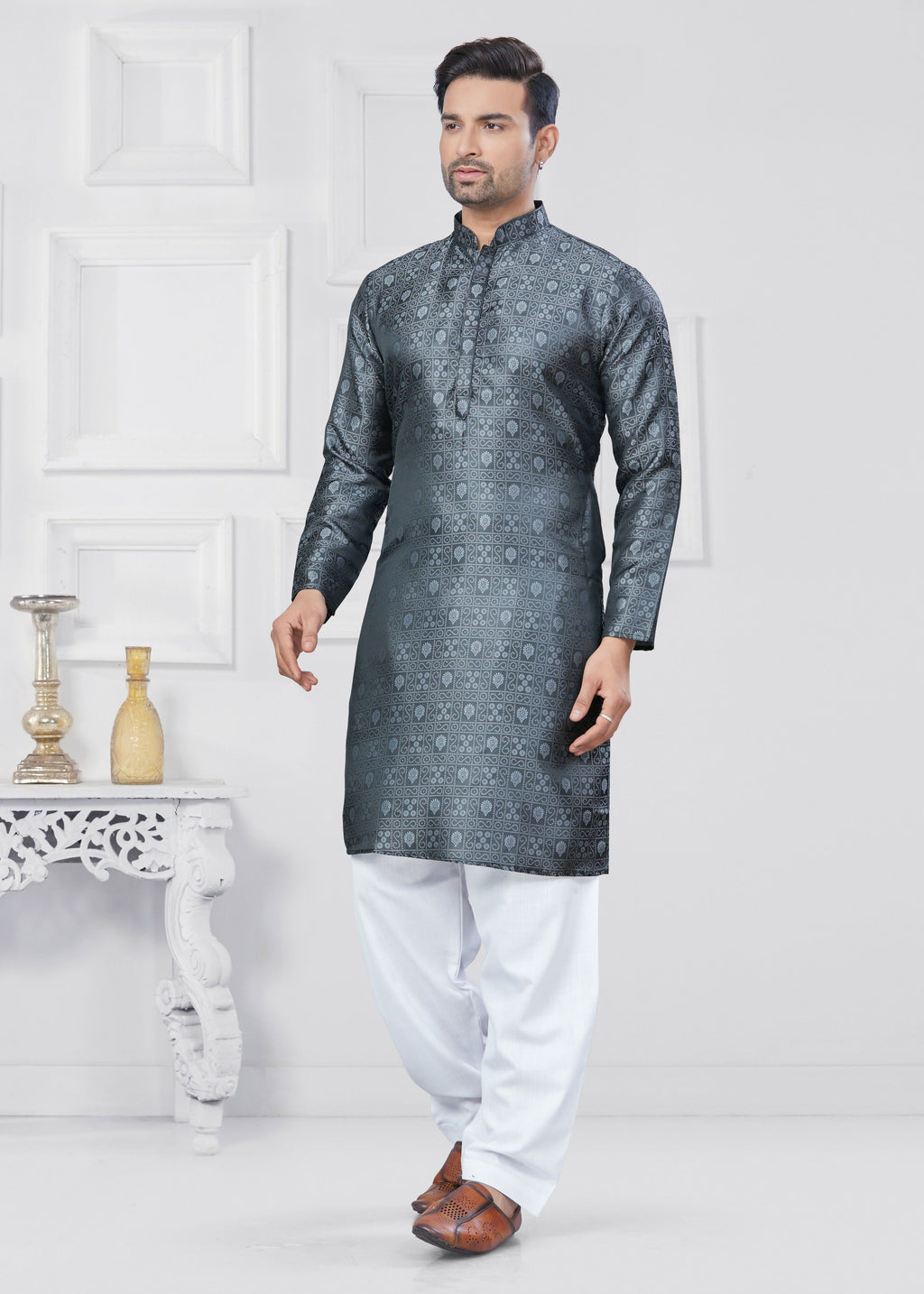 Joban Fashion Men's Jacquard Silk Grey Printed Kurta Pyjama set | Grocsy