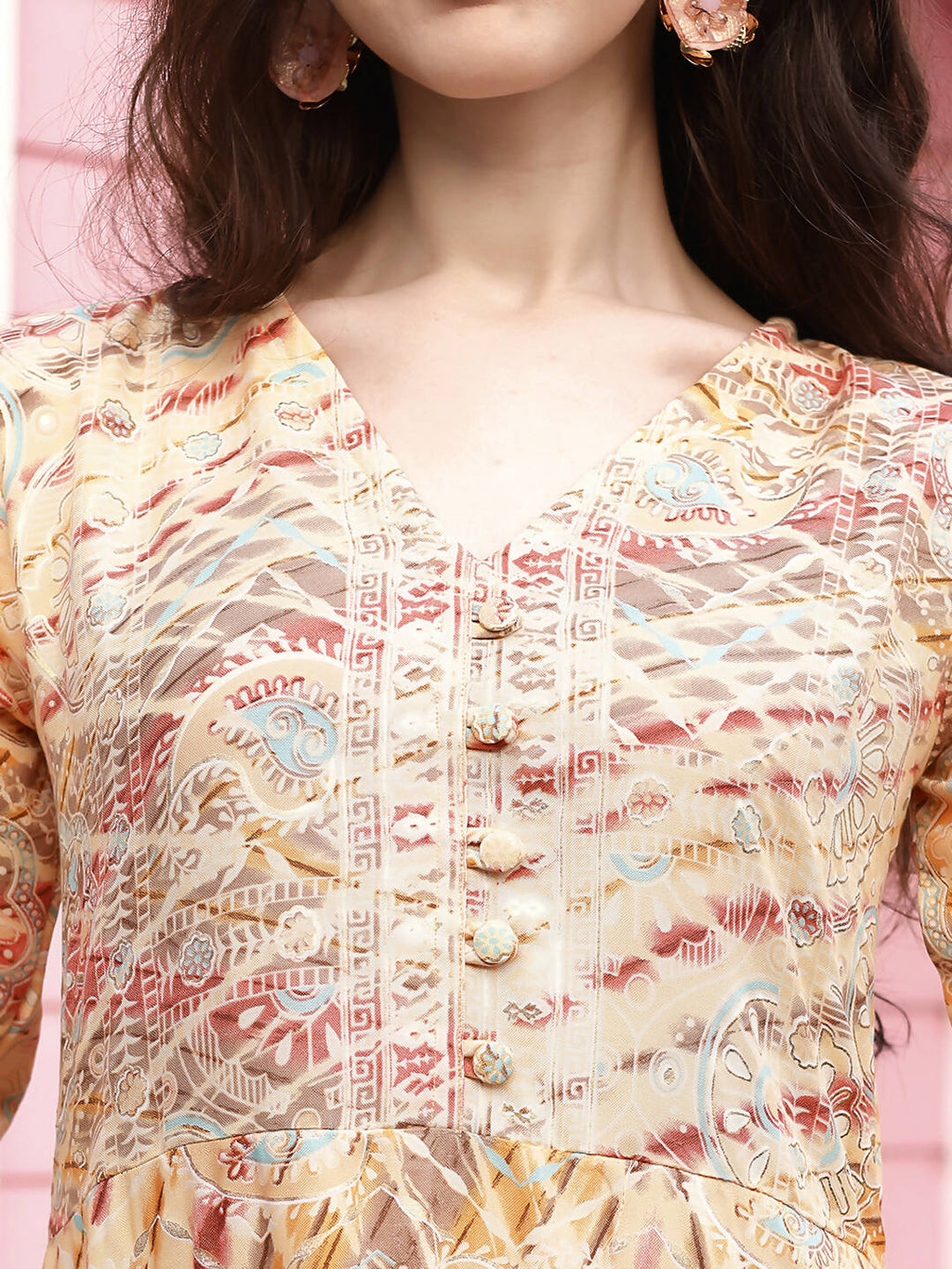 Peach Rayon Foil Printed Long Dress - Michan | Grocsy