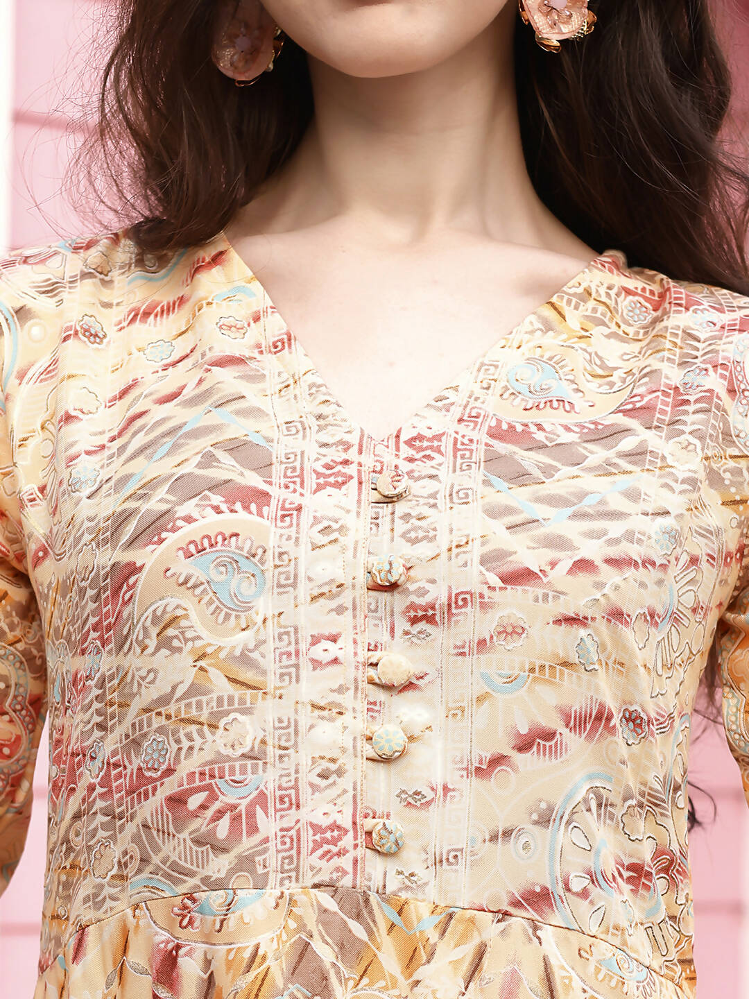 Peach Rayon Foil Printed Long Dress - Michan | Grocsy