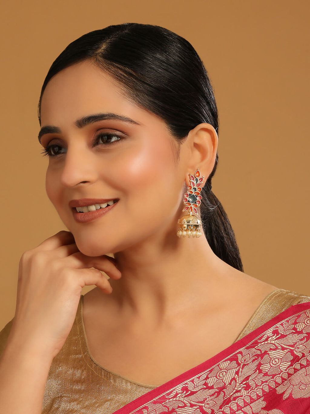Nuyug 22K Gold-Plated Enamel & Beaded Dome Shaped Jhumka Earrings | Grocsy