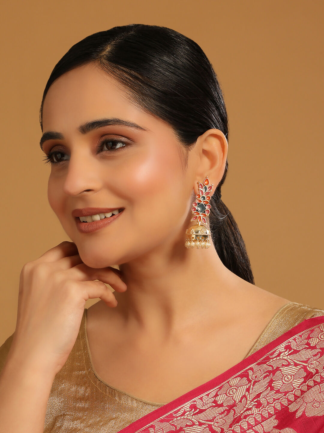 Nuyug 22K Gold-Plated Enamel & Beaded Dome Shaped Jhumka Earrings | Grocsy