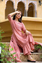 Yufta Women's Pink Tiered Embroidered Kurta with Trouser and Dupatta | Grocsy